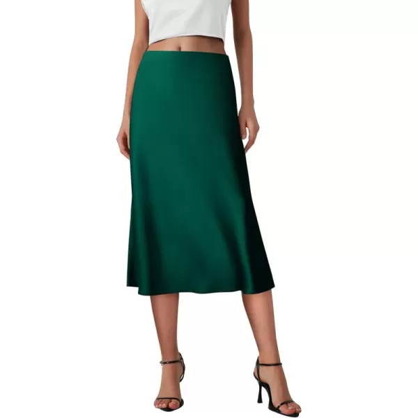 imagePRETTYGARDEN Womens Midi Skirts 2024 Summer Dressy Casual High Waisted Ruffle A Line Silk Satin SkirtsDark Green