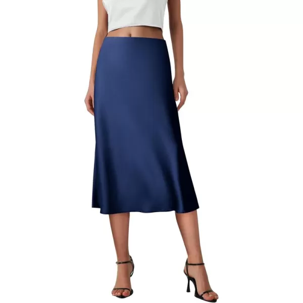 imagePRETTYGARDEN Womens Midi Skirts 2024 Summer Dressy Casual High Waisted Ruffle A Line Silk Satin SkirtsNavy