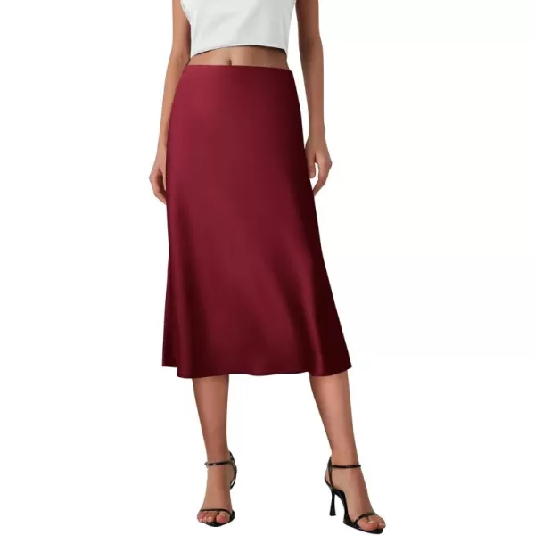 imagePRETTYGARDEN Womens Midi Skirts 2024 Summer Dressy Casual High Waisted Ruffle A Line Silk Satin SkirtsWine Red