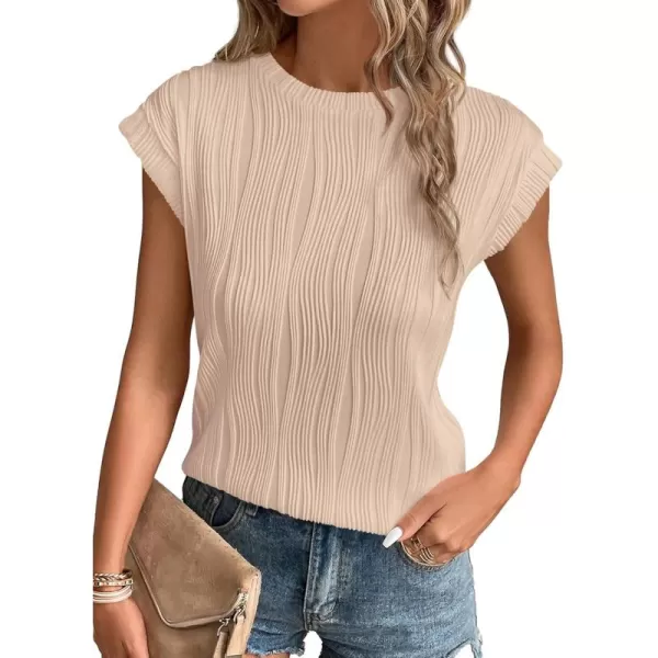 imagePRETTYGARDEN Womens Summer Going Out Tops Dressy Casual Crewneck Short Sleeve Textured Basic Cute Trendy T Shirts Tee BlouseApricot