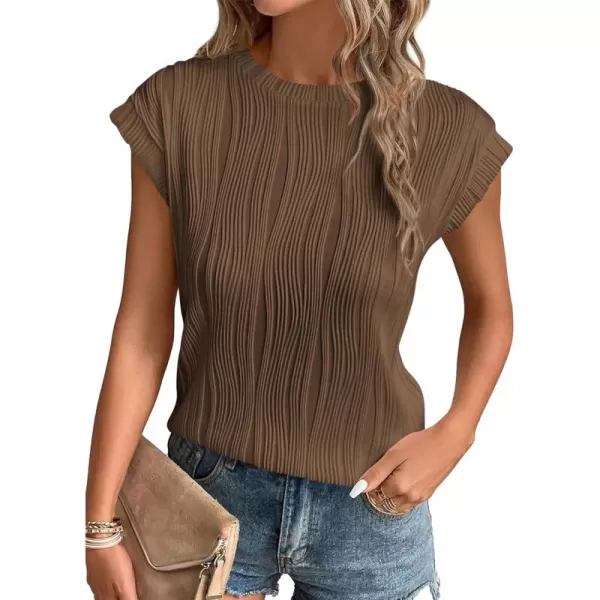 imagePRETTYGARDEN Womens Summer Going Out Tops Dressy Casual Crewneck Short Sleeve Textured Basic Cute Trendy T Shirts Tee BlouseCoffee