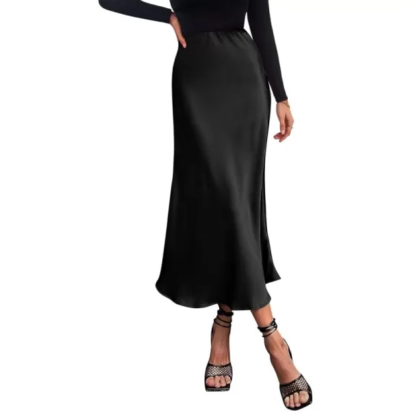 imagePRETTYGARDEN Womens Summer Midi Satin Skirt Dressy Casual High Waisted A Line Flowy Ruffle Elegant Party SkirtsBlack