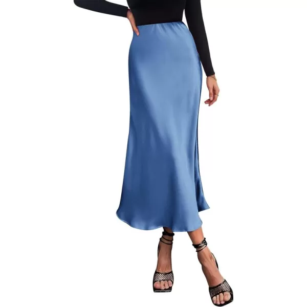 imagePRETTYGARDEN Womens Summer Midi Satin Skirt Dressy Casual High Waisted A Line Flowy Ruffle Elegant Party SkirtsBlue
