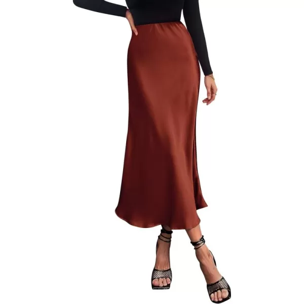 imagePRETTYGARDEN Womens Summer Midi Satin Skirt Dressy Casual High Waisted A Line Flowy Ruffle Elegant Party SkirtsBrown