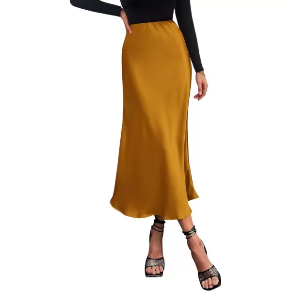 imagePRETTYGARDEN Womens Summer Midi Satin Skirt Dressy Casual High Waisted A Line Flowy Ruffle Elegant Party SkirtsBrown Yellow
