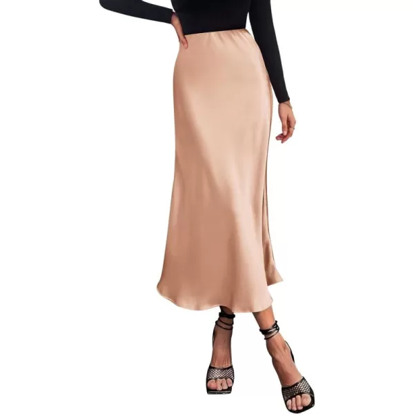 imagePRETTYGARDEN Womens Summer Midi Satin Skirt Dressy Casual High Waisted A Line Flowy Ruffle Elegant Party SkirtsChampagne