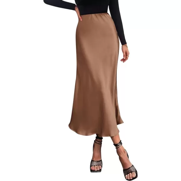 imagePRETTYGARDEN Womens Summer Midi Satin Skirt Dressy Casual High Waisted A Line Flowy Ruffle Elegant Party SkirtsCoffee