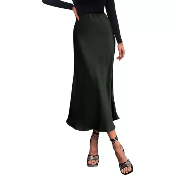 imagePRETTYGARDEN Womens Summer Midi Satin Skirt Dressy Casual High Waisted A Line Flowy Ruffle Elegant Party SkirtsDark Army Green