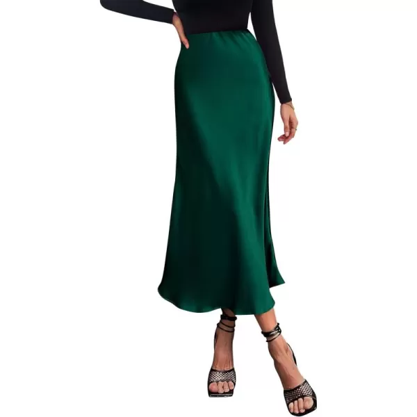 imagePRETTYGARDEN Womens Summer Midi Satin Skirt Dressy Casual High Waisted A Line Flowy Ruffle Elegant Party SkirtsDark Green
