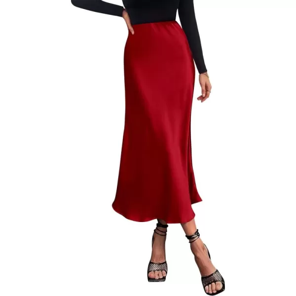 imagePRETTYGARDEN Womens Summer Midi Satin Skirt Dressy Casual High Waisted A Line Flowy Ruffle Elegant Party SkirtsDark Red