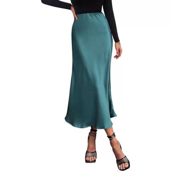 imagePRETTYGARDEN Womens Summer Midi Satin Skirt Dressy Casual High Waisted A Line Flowy Ruffle Elegant Party SkirtsLake Blue