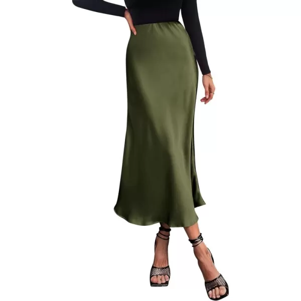 imagePRETTYGARDEN Womens Summer Midi Satin Skirt Dressy Casual High Waisted A Line Flowy Ruffle Elegant Party SkirtsLight Army Green
