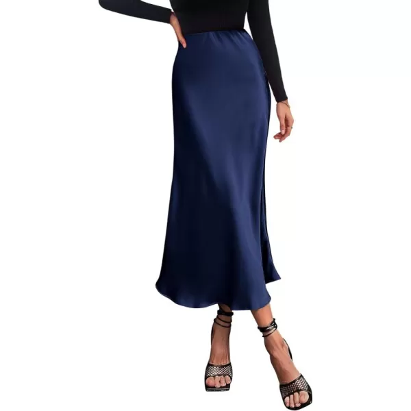 imagePRETTYGARDEN Womens Summer Midi Satin Skirt Dressy Casual High Waisted A Line Flowy Ruffle Elegant Party SkirtsNavy