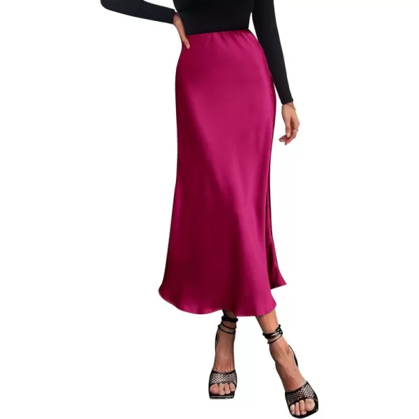 imagePRETTYGARDEN Womens Summer Midi Satin Skirt Dressy Casual High Waisted A Line Flowy Ruffle Elegant Party SkirtsRose Red