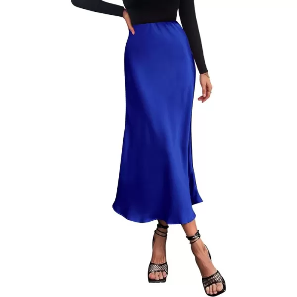 imagePRETTYGARDEN Womens Summer Midi Satin Skirt Dressy Casual High Waisted A Line Flowy Ruffle Elegant Party SkirtsRoyal Blue
