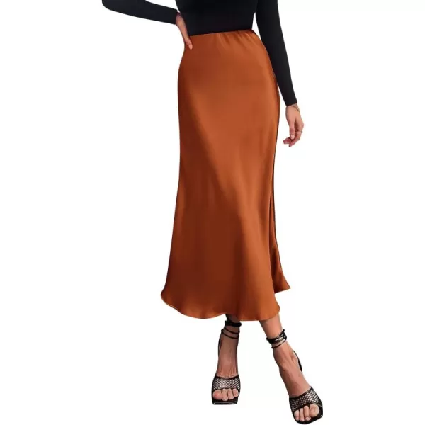 imagePRETTYGARDEN Womens Summer Midi Satin Skirt Dressy Casual High Waisted A Line Flowy Ruffle Elegant Party SkirtsRust Red