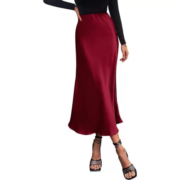 imagePRETTYGARDEN Womens Summer Midi Satin Skirt Dressy Casual High Waisted A Line Flowy Ruffle Elegant Party SkirtsWine Red