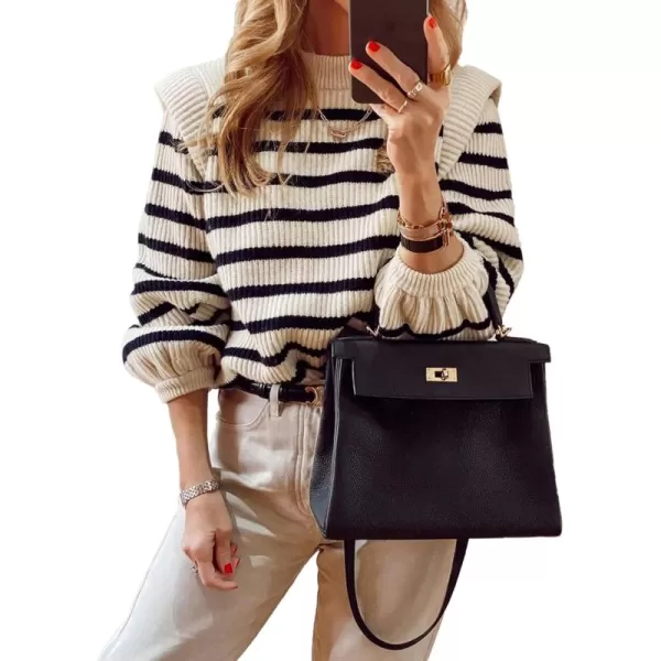 imagePRETTYGARDEN Womens Sweaters Casual Long Lantern Sleeve Crewneck Ribbed Knit Pullover Striped Jumper Tops BlouseBeige Apricot