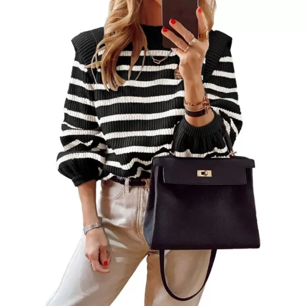 imagePRETTYGARDEN Womens Sweaters Casual Long Lantern Sleeve Crewneck Ribbed Knit Pullover Striped Jumper Tops BlouseBlack