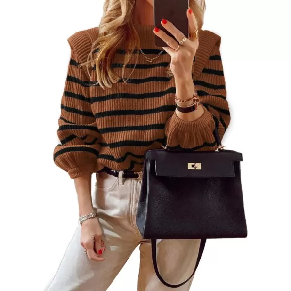 imagePRETTYGARDEN Womens Sweaters Casual Long Lantern Sleeve Crewneck Ribbed Knit Pullover Striped Jumper Tops BlouseBrown