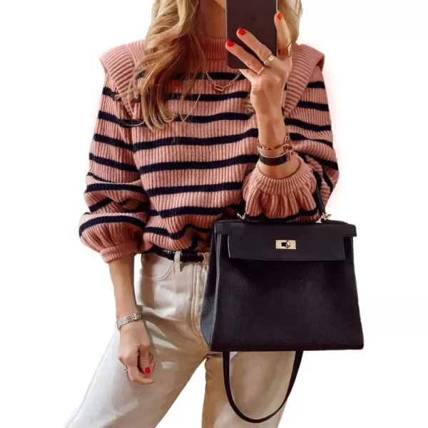 imagePRETTYGARDEN Womens Sweaters Casual Long Lantern Sleeve Crewneck Ribbed Knit Pullover Striped Jumper Tops BlouseNude Pink