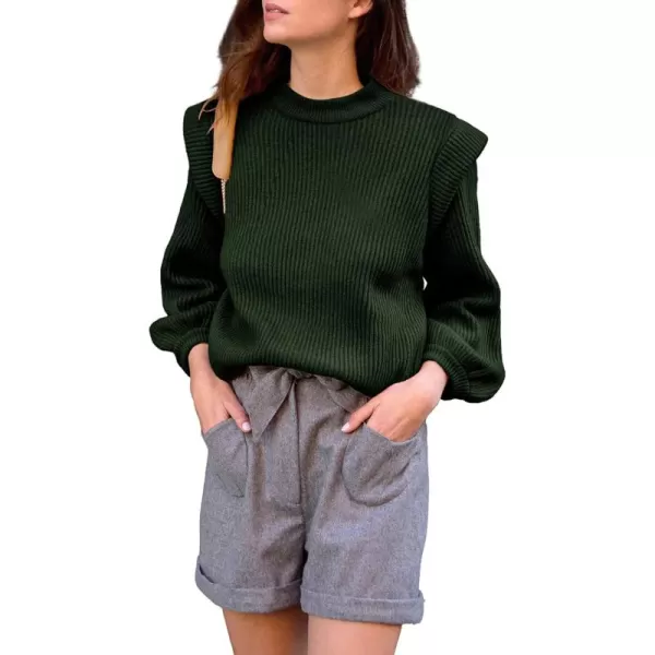 imagePRETTYGARDEN Womens Sweaters Casual Long Lantern Sleeve Crewneck Ribbed Knit Pullover Striped Jumper Tops BlouseSolid Army Green