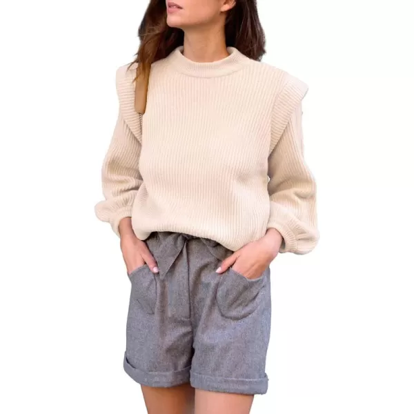 imagePRETTYGARDEN Womens Sweaters Casual Long Lantern Sleeve Crewneck Ribbed Knit Pullover Striped Jumper Tops BlouseSolid Beige Apricot