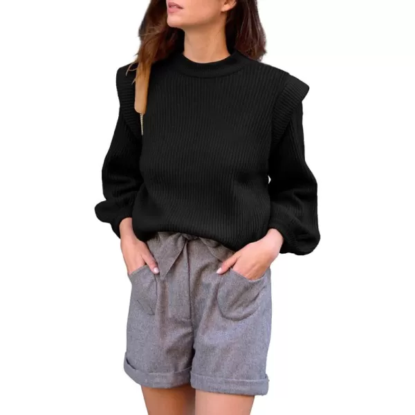 imagePRETTYGARDEN Womens Sweaters Casual Long Lantern Sleeve Crewneck Ribbed Knit Pullover Striped Jumper Tops BlouseSolid Black