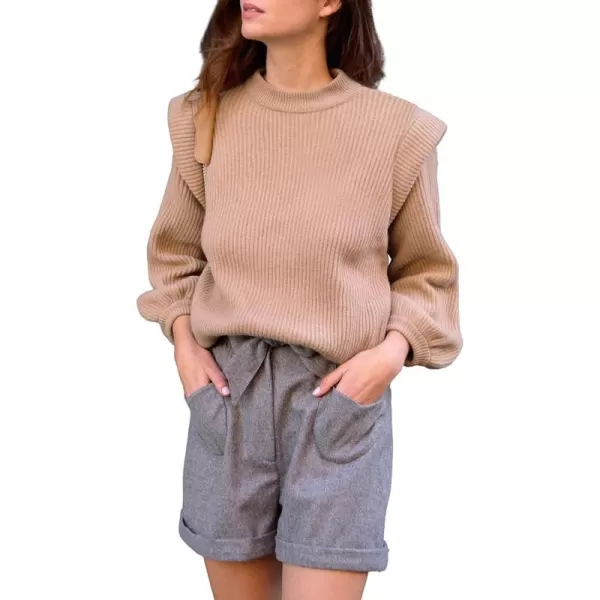 imagePRETTYGARDEN Womens Sweaters Casual Long Lantern Sleeve Crewneck Ribbed Knit Pullover Striped Jumper Tops BlouseSolid Camel