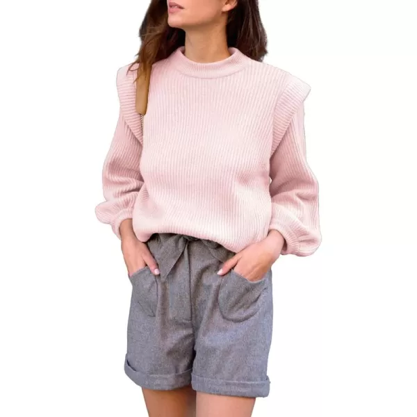 imagePRETTYGARDEN Womens Sweaters Casual Long Lantern Sleeve Crewneck Ribbed Knit Pullover Striped Jumper Tops BlouseSolid Pink