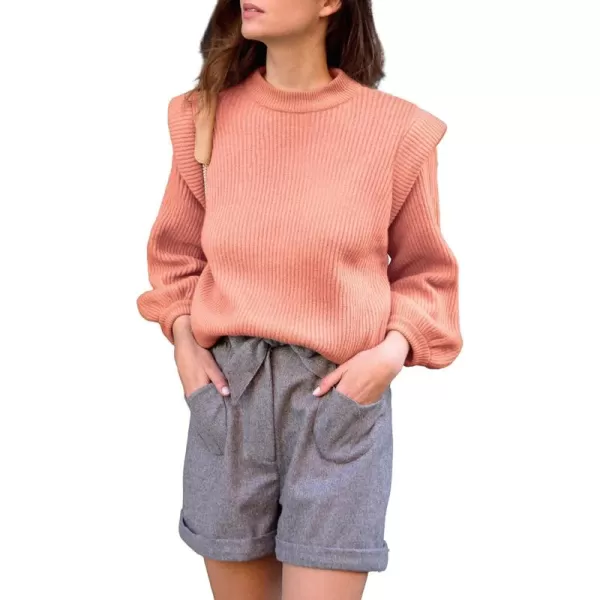 imagePRETTYGARDEN Womens Sweaters Casual Long Lantern Sleeve Crewneck Ribbed Knit Pullover Striped Jumper Tops BlouseSolid Shrimp Pink