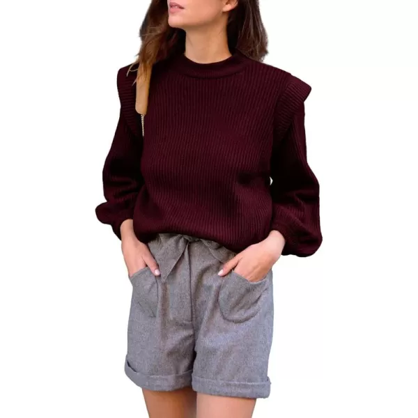 imagePRETTYGARDEN Womens Sweaters Casual Long Lantern Sleeve Crewneck Ribbed Knit Pullover Striped Jumper Tops BlouseSolid Wine Red