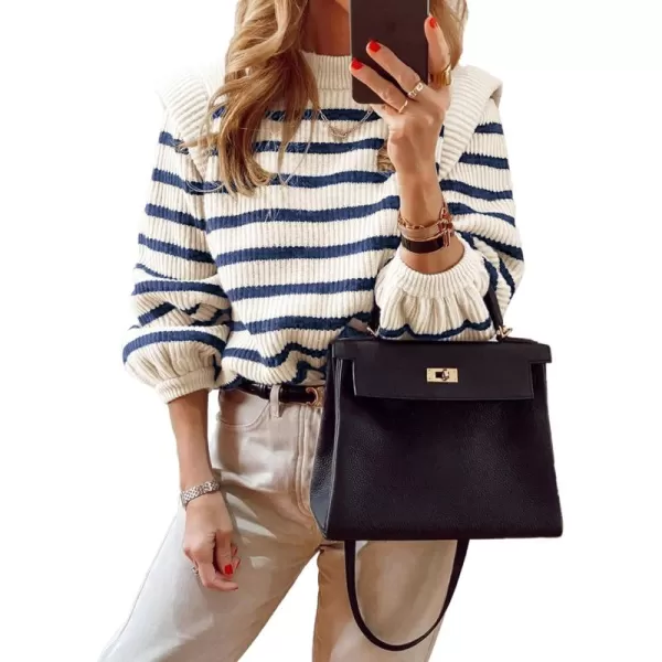 imagePRETTYGARDEN Womens Sweaters Casual Long Lantern Sleeve Crewneck Ribbed Knit Pullover Striped Jumper Tops BlouseStriped Blue