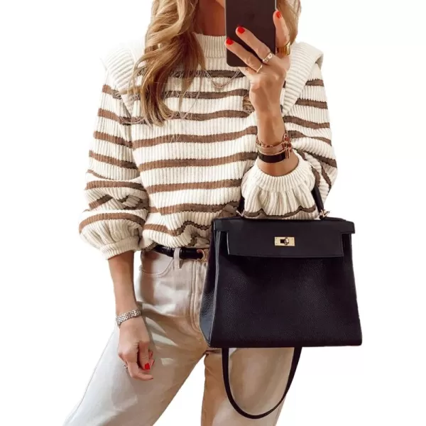 imagePRETTYGARDEN Womens Sweaters Casual Long Lantern Sleeve Crewneck Ribbed Knit Pullover Striped Jumper Tops BlouseStriped Brown