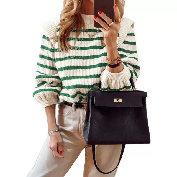 imagePRETTYGARDEN Womens Sweaters Casual Long Lantern Sleeve Crewneck Ribbed Knit Pullover Striped Jumper Tops BlouseStriped Green