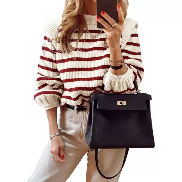 imagePRETTYGARDEN Womens Sweaters Casual Long Lantern Sleeve Crewneck Ribbed Knit Pullover Striped Jumper Tops BlouseStriped Red