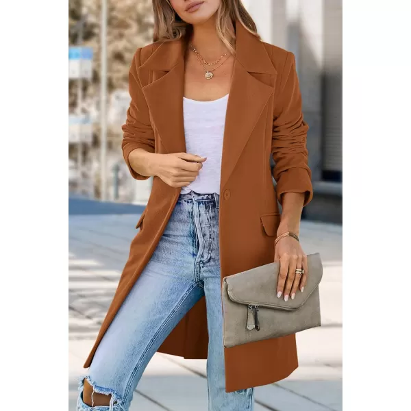 imagePRETTYGARDEN Womens 2024 Fall Long Blazer Jackets Long Sleeve Lapel Pockets Loose Fit Work Casual Blazers OuterwearBrown