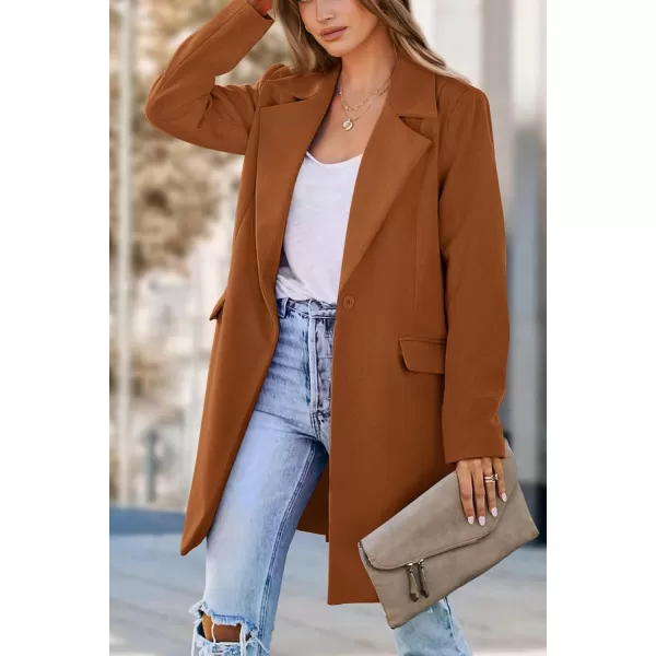 imagePRETTYGARDEN Womens 2024 Fall Long Blazer Jackets Long Sleeve Lapel Pockets Loose Fit Work Casual Blazers OuterwearBrown
