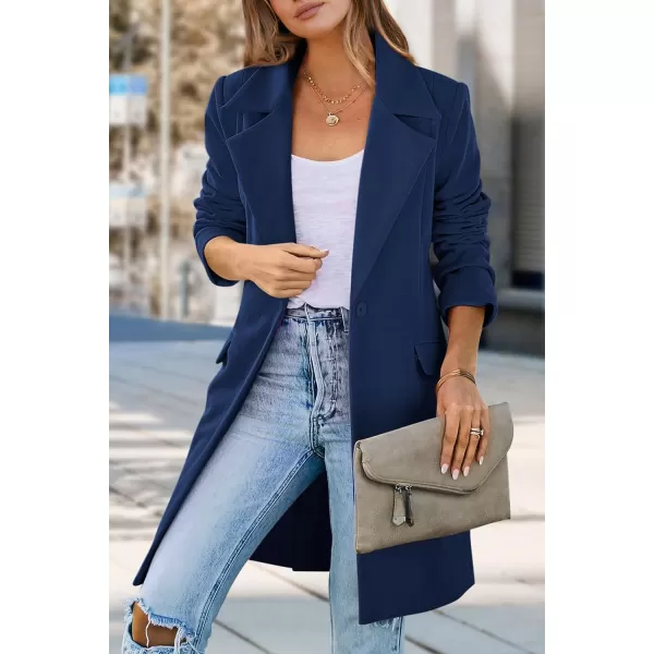 imagePRETTYGARDEN Womens 2024 Fall Long Blazer Jackets Long Sleeve Lapel Pockets Loose Fit Work Casual Blazers OuterwearNavy