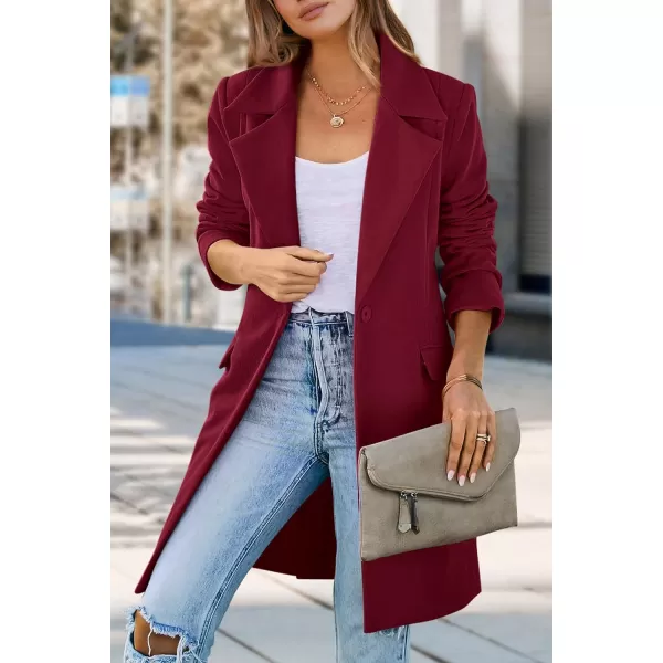 imagePRETTYGARDEN Womens 2024 Fall Long Blazer Jackets Long Sleeve Lapel Pockets Loose Fit Work Casual Blazers OuterwearWine Red