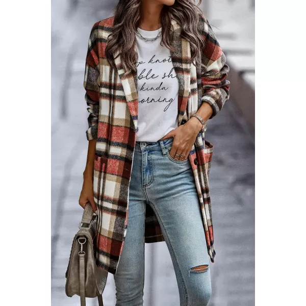 imagePRETTYGARDEN Womens 2024 Plaid Shacket Jacket Casual Button Wool Blend Winter Tartan Trench Coat With PocketsBrick Red