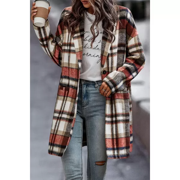 imagePRETTYGARDEN Womens 2024 Plaid Shacket Jacket Casual Button Wool Blend Winter Tartan Trench Coat With PocketsBrick Red