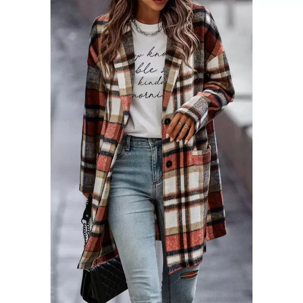 imagePRETTYGARDEN Womens 2024 Plaid Shacket Jacket Casual Button Wool Blend Winter Tartan Trench Coat With PocketsBrick Red