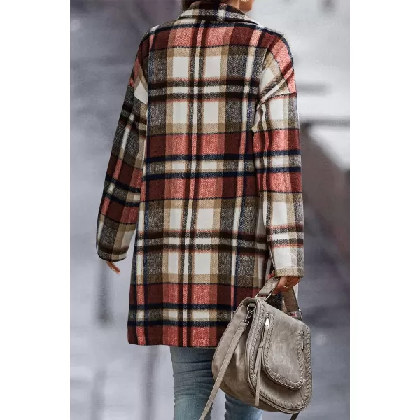 imagePRETTYGARDEN Womens 2024 Plaid Shacket Jacket Casual Button Wool Blend Winter Tartan Trench Coat With PocketsBrick Red