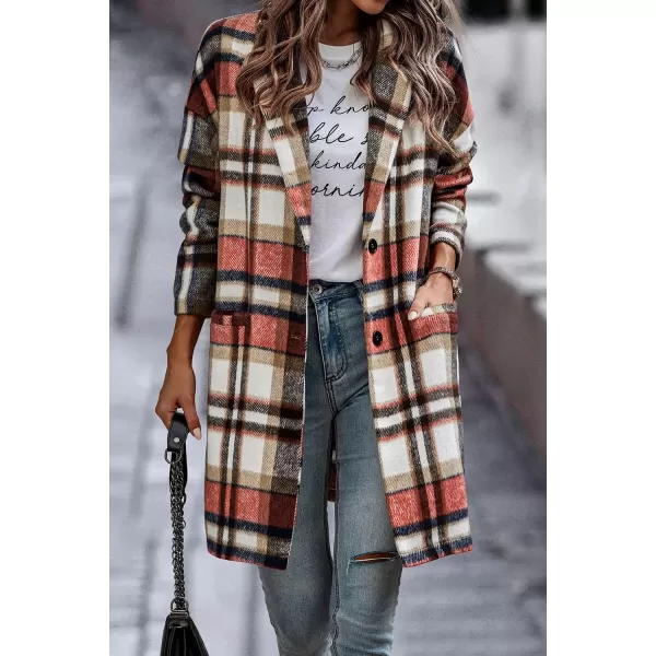 imagePRETTYGARDEN Womens 2024 Plaid Shacket Jacket Casual Button Wool Blend Winter Tartan Trench Coat With PocketsBrick Red