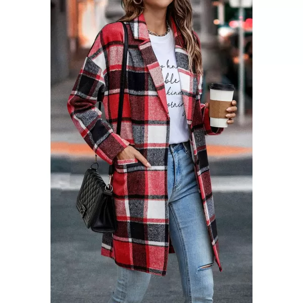 imagePRETTYGARDEN Womens 2024 Plaid Shacket Jacket Casual Button Wool Blend Winter Tartan Trench Coat With PocketsBrilliant Red