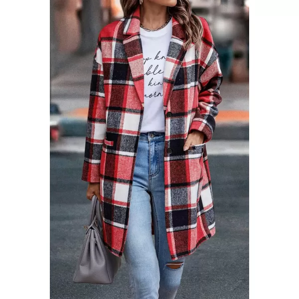 imagePRETTYGARDEN Womens 2024 Plaid Shacket Jacket Casual Button Wool Blend Winter Tartan Trench Coat With PocketsBrilliant Red