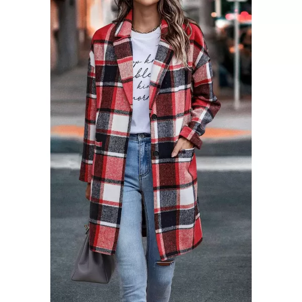 imagePRETTYGARDEN Womens 2024 Plaid Shacket Jacket Casual Button Wool Blend Winter Tartan Trench Coat With PocketsBrilliant Red