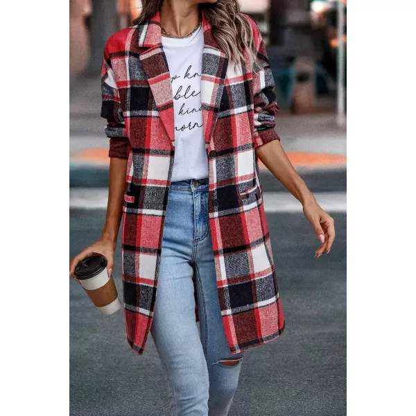 imagePRETTYGARDEN Womens 2024 Plaid Shacket Jacket Casual Button Wool Blend Winter Tartan Trench Coat With PocketsBrilliant Red