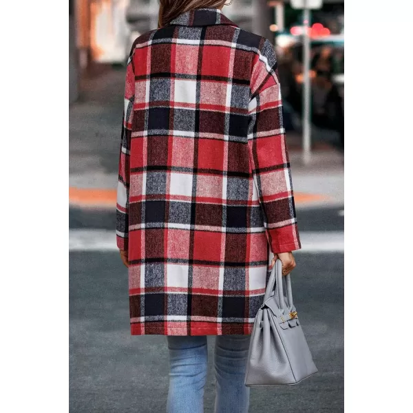 imagePRETTYGARDEN Womens 2024 Plaid Shacket Jacket Casual Button Wool Blend Winter Tartan Trench Coat With PocketsBrilliant Red